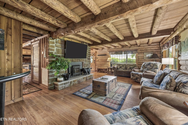 3509 Ginseng Way, Sevierville, TN 37862 - living area featuring log walls, wood ceiling with exposed beams, and hardwood / wood-style floors