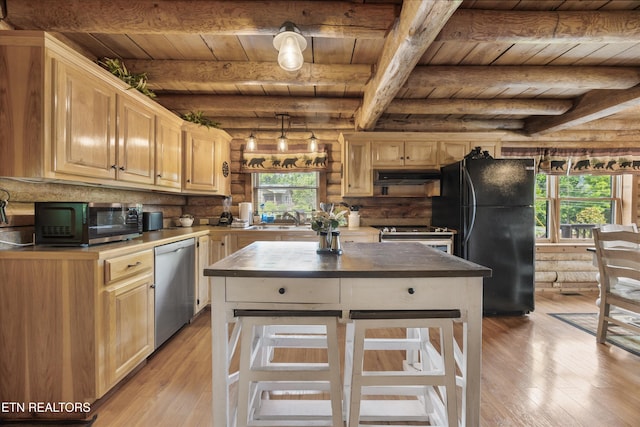 3509 Ginseng Way, Sevierville, TN 37862 - kitchen featuring stainless steel appliances, a sink, light wood-style floors, wooden ceiling with exposed beams, and log walls