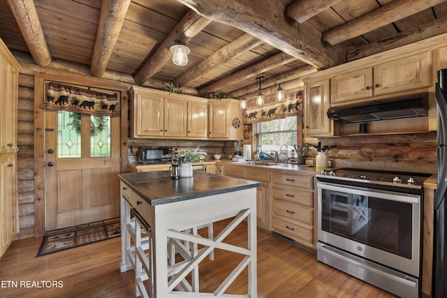 3509 Ginseng Way, Sevierville, TN 37862 - kitchen featuring stainless steel range with electric stovetop, wooden ceiling with exposed beams, under cabinet range hood, rustic walls, and wood finished floors