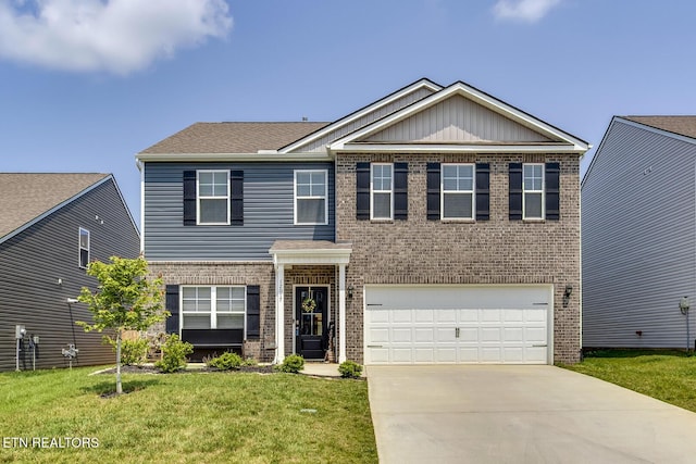 12017 Spearmint Ln, Knoxville, TN 37932 - craftsman inspired home featuring brick siding, a garage, driveway, and a front lawn