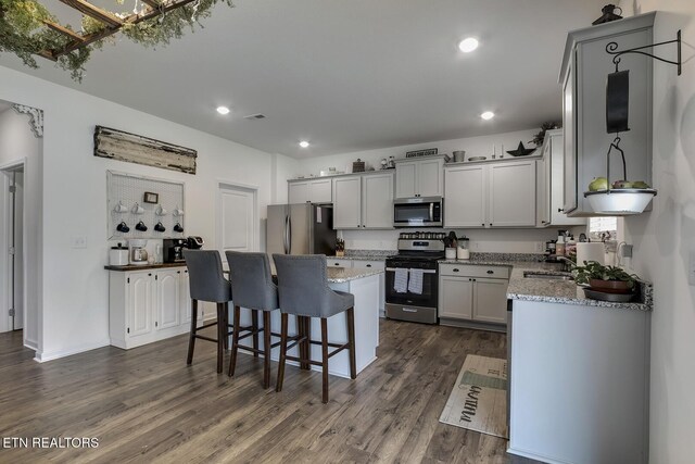 12017 Spearmint Ln, Knoxville, TN 37932 - kitchen with appliances with stainless steel finishes, dark wood-style floors, a center island, a kitchen bar, and light stone counters