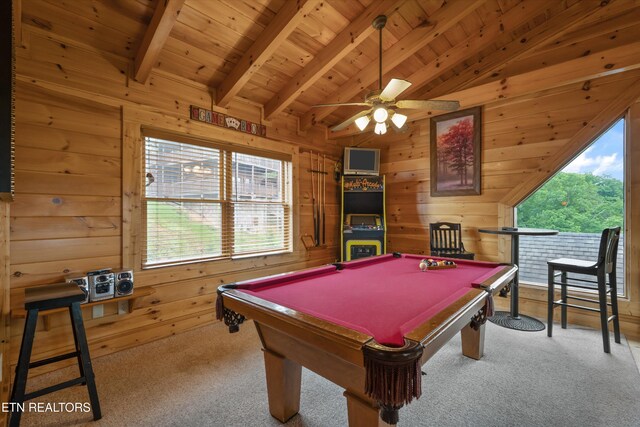 2405 Autumn Valley Way, Pigeon Forge, TN 37862 - playroom with wood walls, carpet flooring, billiards, wood ceiling, and a ceiling fan