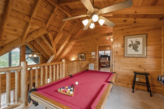 2405 Autumn Valley Way, Pigeon Forge, TN 37862 - game room with wooden ceiling, ceiling fan, billiards, wooden walls, and carpet floors