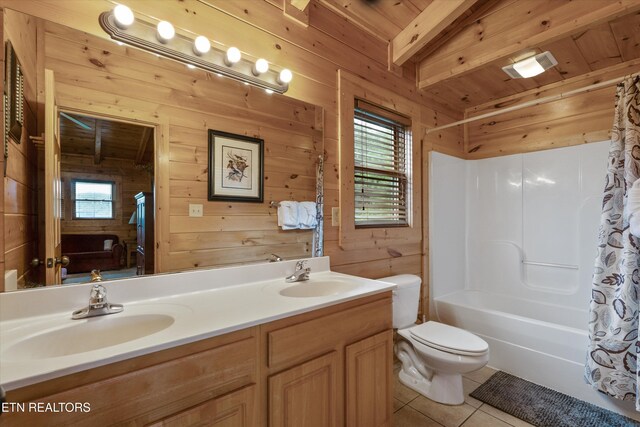 2405 Autumn Valley Way, Pigeon Forge, TN 37862 - full bathroom featuring wood walls, toilet, tile patterned flooring, double vanity, and shower / tub combo with curtain