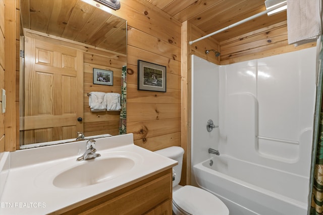 2405 Autumn Valley Way, Pigeon Forge, TN 37862 - full bathroom featuring wood walls, vanity, toilet, wood ceiling, and shower / tub combo with curtain