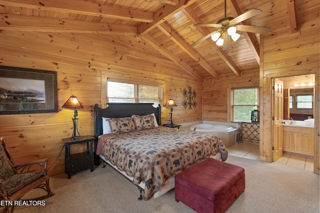 2405 Autumn Valley Way, Pigeon Forge, TN 37862 - bedroom featuring wood ceiling, wood walls, light colored carpet, ensuite bathroom, and ceiling fan