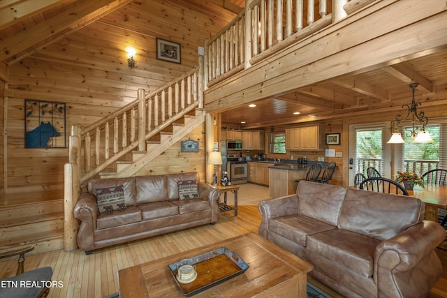 2405 Autumn Valley Way, Pigeon Forge, TN 37862 - living area featuring wooden walls, light wood-type flooring, high vaulted ceiling, stairway, and wooden ceiling with exposed beams