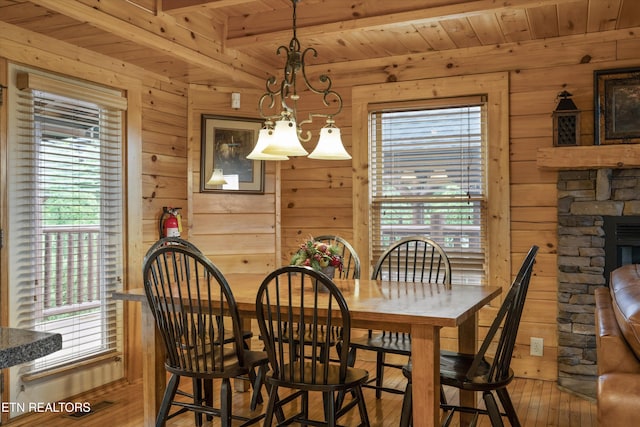 2405 Autumn Valley Way, Pigeon Forge, TN 37862 - dining area with wood walls, wooden ceiling with exposed beams, and light wood-style floors