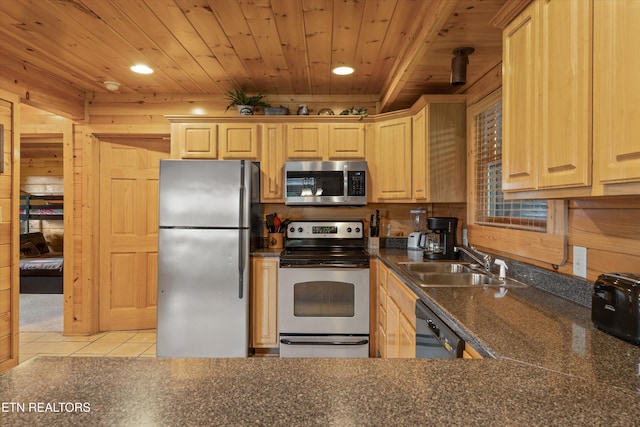 2405 Autumn Valley Way, Pigeon Forge, TN 37862 - kitchen with stainless steel appliances, a sink, wooden ceiling, dark countertops, and recessed lighting