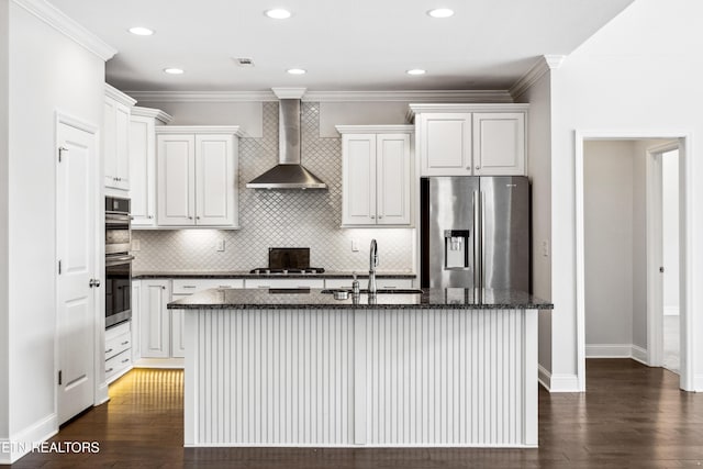 12167 Inglecrest Ln, Knoxville, TN 37934 - kitchen with stainless steel appliances, wall chimney exhaust hood, a sink, backsplash, and an island with sink