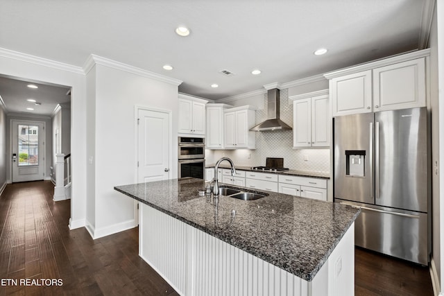 12167 Inglecrest Ln, Knoxville, TN 37934 - kitchen featuring appliances with stainless steel finishes, a sink, wall chimney range hood, crown molding, and baseboards