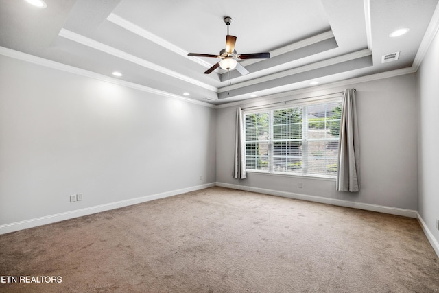 12167 Inglecrest Ln, Knoxville, TN 37934 - spare room featuring a raised ceiling, ceiling fan, carpet flooring, recessed lighting, and ornamental molding