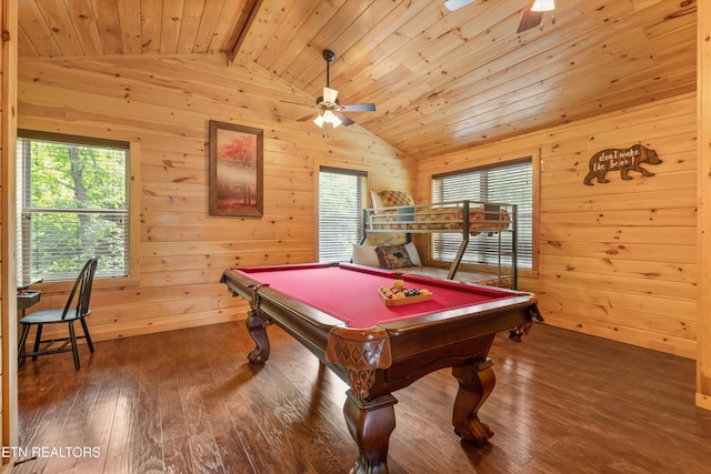 2377 Alpine Village Way, Pigeon Forge, TN 37862 - rec room featuring ceiling fan, billiards, wooden walls, wooden ceiling, and dark wood-type flooring
