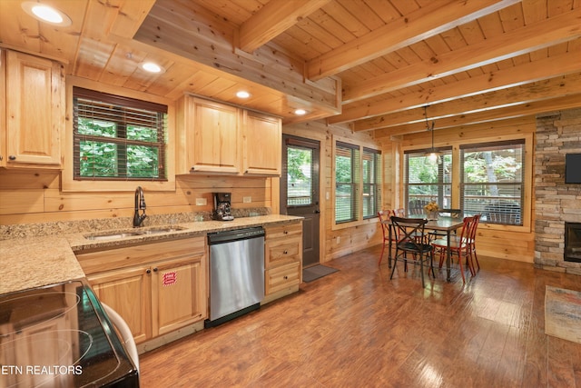 2377 Alpine Village Way, Pigeon Forge, TN 37862 - kitchen with dishwasher, a sink, light brown cabinetry, range with electric stovetop, and wood ceiling with exposed beams