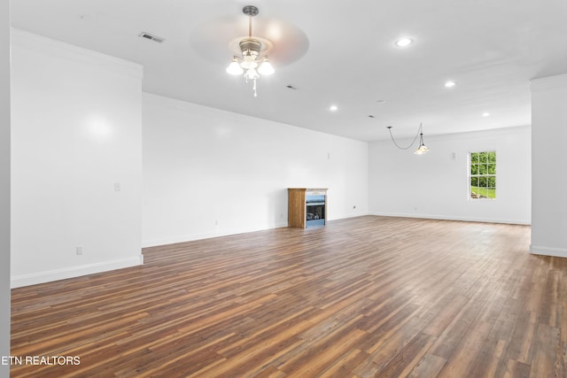 128 Harbour View Way, Kingston, TN 37763 - unfurnished living room with wood finished floors, ceiling fan, recessed lighting, a fireplace, and ornamental molding