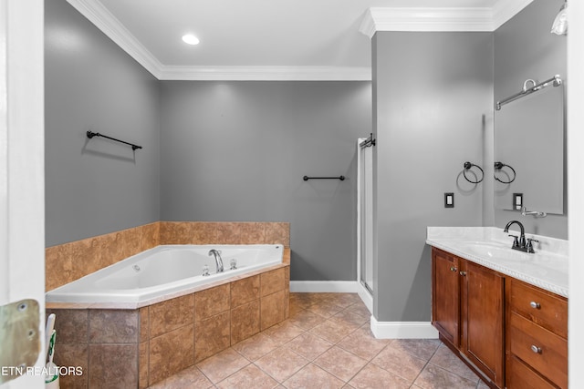 128 Harbour View Way, Kingston, TN 37763 - bathroom with vanity, a bath, crown molding, tile patterned floors, and a shower stall