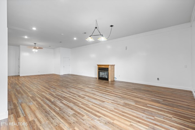 128 Harbour View Way, Kingston, TN 37763 - unfurnished living room with a fireplace, recessed lighting, light wood finished floors, baseboards, and ceiling fan