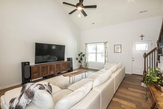 3250 Truitt Path Ln, Knoxville, TN 37931 - living room with high vaulted ceiling, ceiling fan, stairway, wood finished floors, and baseboards