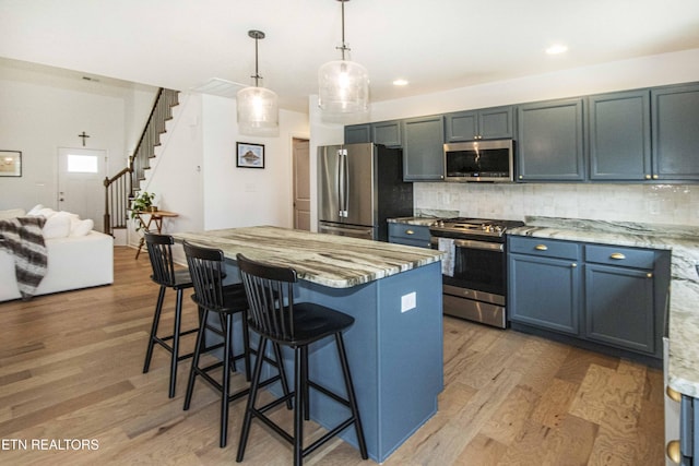 3250 Truitt Path Ln, Knoxville, TN 37931 - kitchen with appliances with stainless steel finishes, light wood-type flooring, a kitchen bar, backsplash, and a kitchen island