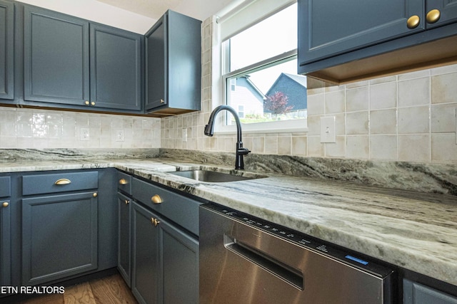 3250 Truitt Path Ln, Knoxville, TN 37931 - kitchen featuring stainless steel dishwasher, a sink, blue cabinets, and decorative backsplash