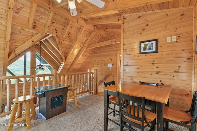 2306 Hollow Branch Way, Pigeon Forge, TN 37862 - carpeted dining room with a ceiling fan, wooden ceiling, and wood walls