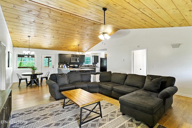 3050 Patty View Way, Sevierville, TN 37862 - living area with a chandelier, lofted ceiling, wood ceiling, wood finished floors, and baseboards