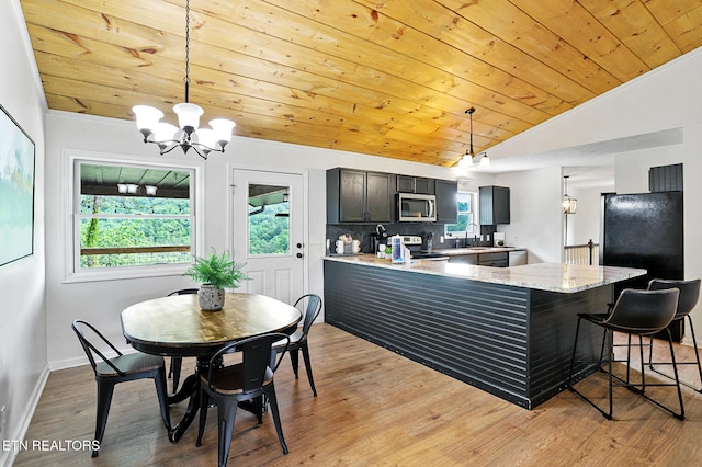 3050 Patty View Way, Sevierville, TN 37862 - kitchen featuring appliances with stainless steel finishes, wooden ceiling, vaulted ceiling, a peninsula, and a chandelier