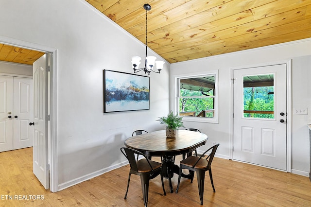 3050 Patty View Way, Sevierville, TN 37862 - dining room with wooden ceiling, light wood-type flooring, vaulted ceiling, a chandelier, and baseboards