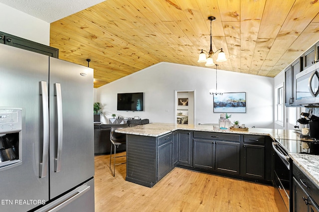 3050 Patty View Way, Sevierville, TN 37862 - kitchen with stainless steel appliances, a peninsula, wood ceiling, a chandelier, and lofted ceiling
