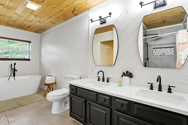 3050 Patty View Way, Sevierville, TN 37862 - full bathroom with tile patterned flooring, a soaking tub, double vanity, wooden ceiling, and toilet