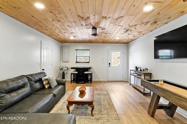 3050 Patty View Way, Sevierville, TN 37862 - living area with recessed lighting, light wood-style flooring, wooden ceiling, ornamental molding, and baseboards