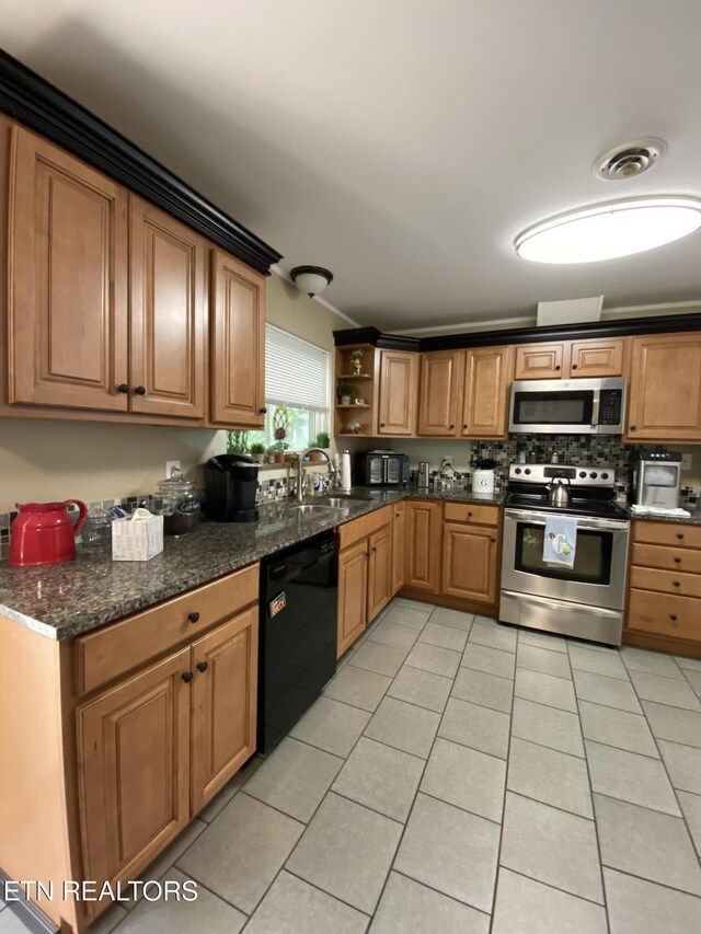 106 Apache Rd, Maryville, TN 37804 - kitchen with stainless steel appliances, a sink, light tile patterned floors, open shelves, and crown molding