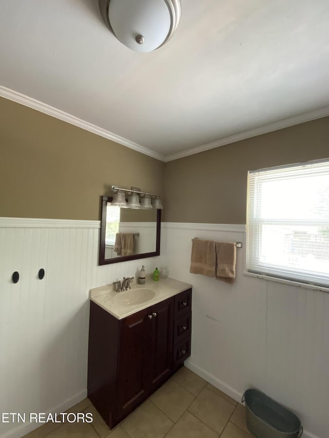106 Apache Rd, Maryville, TN 37804 - bathroom with vanity, tile patterned floors, wainscoting, and crown molding