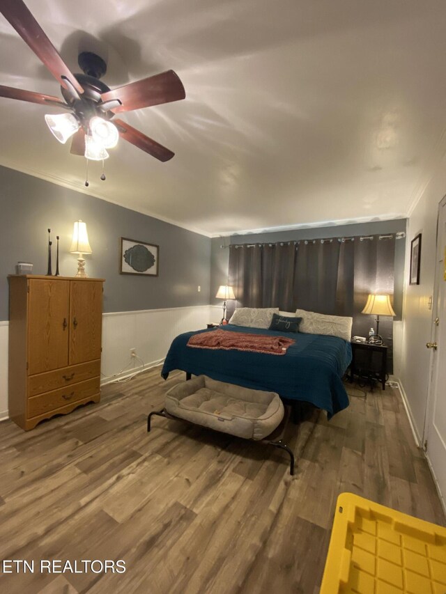 106 Apache Rd, Maryville, TN 37804 - bedroom featuring wood finished floors, a wainscoted wall, ceiling fan, and crown molding