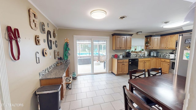 106 Apache Rd, Maryville, TN 37804 - kitchen featuring black dishwasher, open shelves, a sink, ornamental molding, and stainless steel range