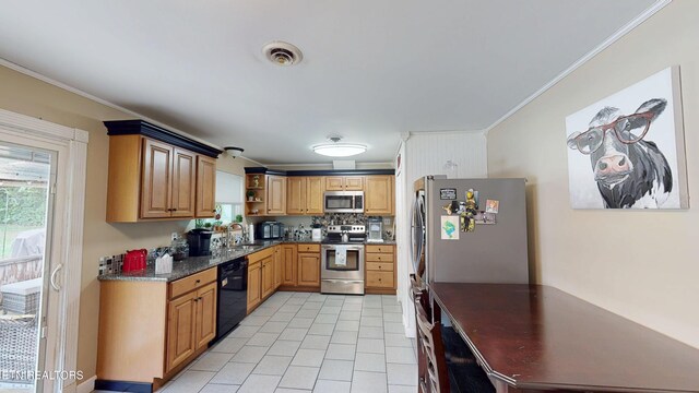106 Apache Rd, Maryville, TN 37804 - kitchen with stainless steel appliances, crown molding, a sink, open shelves, and light tile patterned floors