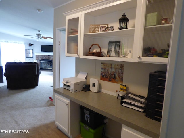 395 E Dumplin Valley Rd, Jefferson City, TN 37760 - office featuring a ceiling fan, light carpet, a stone fireplace, and built in study area