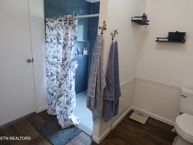395 E Dumplin Valley Rd, Jefferson City, TN 37760 - full bathroom featuring wood finished floors, toilet, a stall shower, and a wainscoted wall
