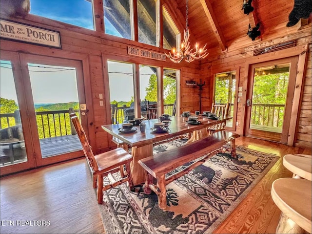 2438 Walnut Ridge Way, Sevierville, TN 37862 - dining area featuring wood walls, wood finished floors, wood ceiling with exposed beams, a chandelier, and high vaulted ceiling