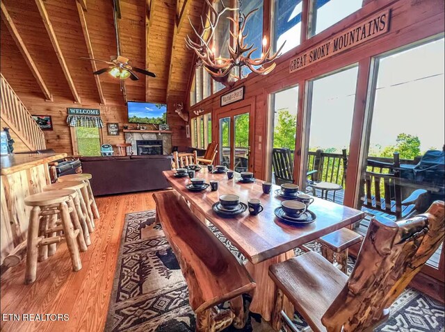 2438 Walnut Ridge Way, Sevierville, TN 37862 - dining area with wood walls, high vaulted ceiling, light wood-style flooring, ceiling fan, and a fireplace