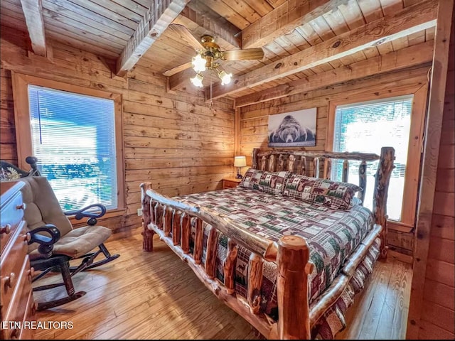 2438 Walnut Ridge Way, Sevierville, TN 37862 - bedroom featuring wood ceiling with exposed beams, light wood-style floors, wood walls, and ceiling fan