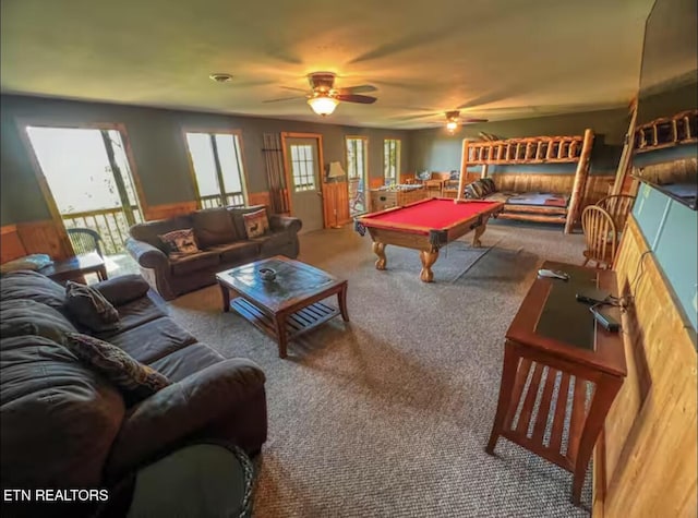 2438 Walnut Ridge Way, Sevierville, TN 37862 - rec room featuring carpet flooring, billiards, ceiling fan, and wainscoting