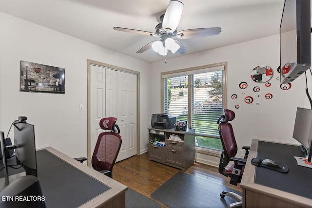 407 Tecumseh Pt, Loudon, TN 37774 - office featuring dark wood-style flooring, ceiling fan, and baseboards