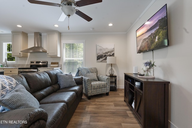 743 Pollard Rd, Kodak, TN 37764 - living room featuring ornamental molding, dark wood-type flooring, ceiling fan, and recessed lighting