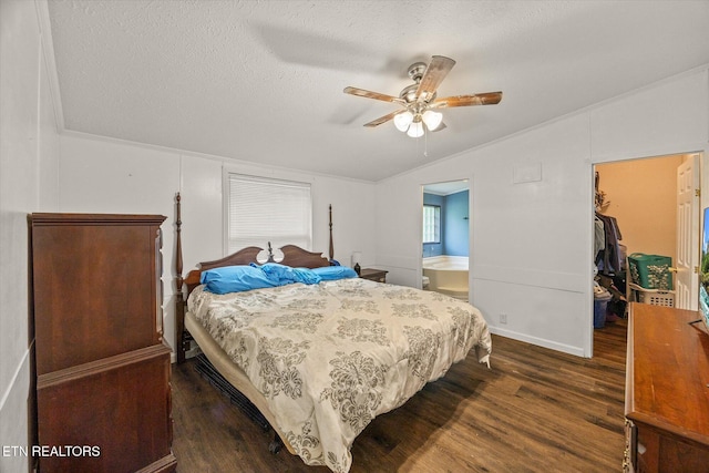 938 Riley Creek Rd, Whitleyville, TN 38588 - bedroom featuring lofted ceiling, dark wood-type flooring, a spacious closet, a textured ceiling, and connected bathroom