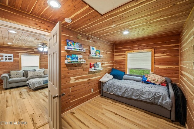 938 Riley Creek Rd, Whitleyville, TN 38588 - bedroom featuring wood ceiling, wooden walls, wood-type flooring, recessed lighting, and attic access