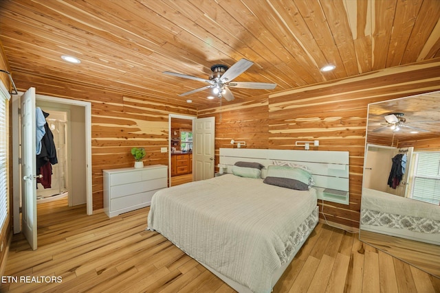 938 Riley Creek Rd, Whitleyville, TN 38588 - bedroom featuring wooden ceiling, hardwood / wood-style floors, wooden walls, recessed lighting, and ceiling fan