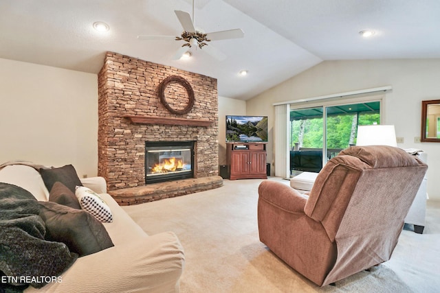 45 Calderwood Cir, Fairfield Glade, TN 38558 - carpeted living room featuring lofted ceiling, ceiling fan, a fireplace, and recessed lighting