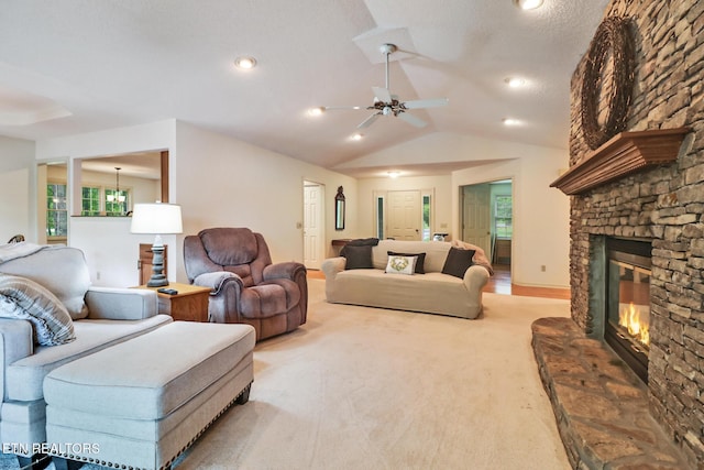 45 Calderwood Cir, Fairfield Glade, TN 38558 - living room with vaulted ceiling, a stone fireplace, ceiling fan, and recessed lighting