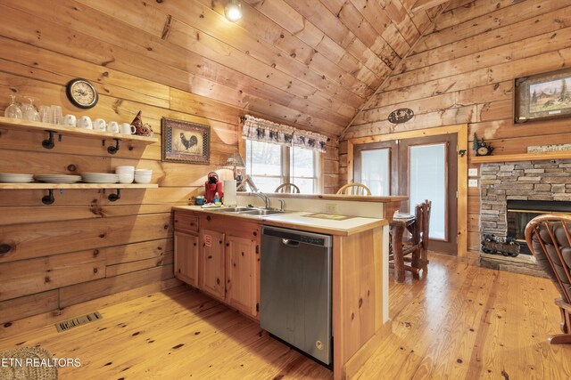 214 Tsali Way, Sevierville, TN 37876 - kitchen with stainless steel dishwasher, a sink, wooden walls, vaulted ceiling, and wood ceiling